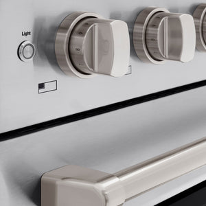 ZLINE 48 in. 6.7 cu. ft. Paramount Induction Range with 7 Element Cooktop and Dual Ovens in Stainless Steel (SINR48) close-up, control knobs.