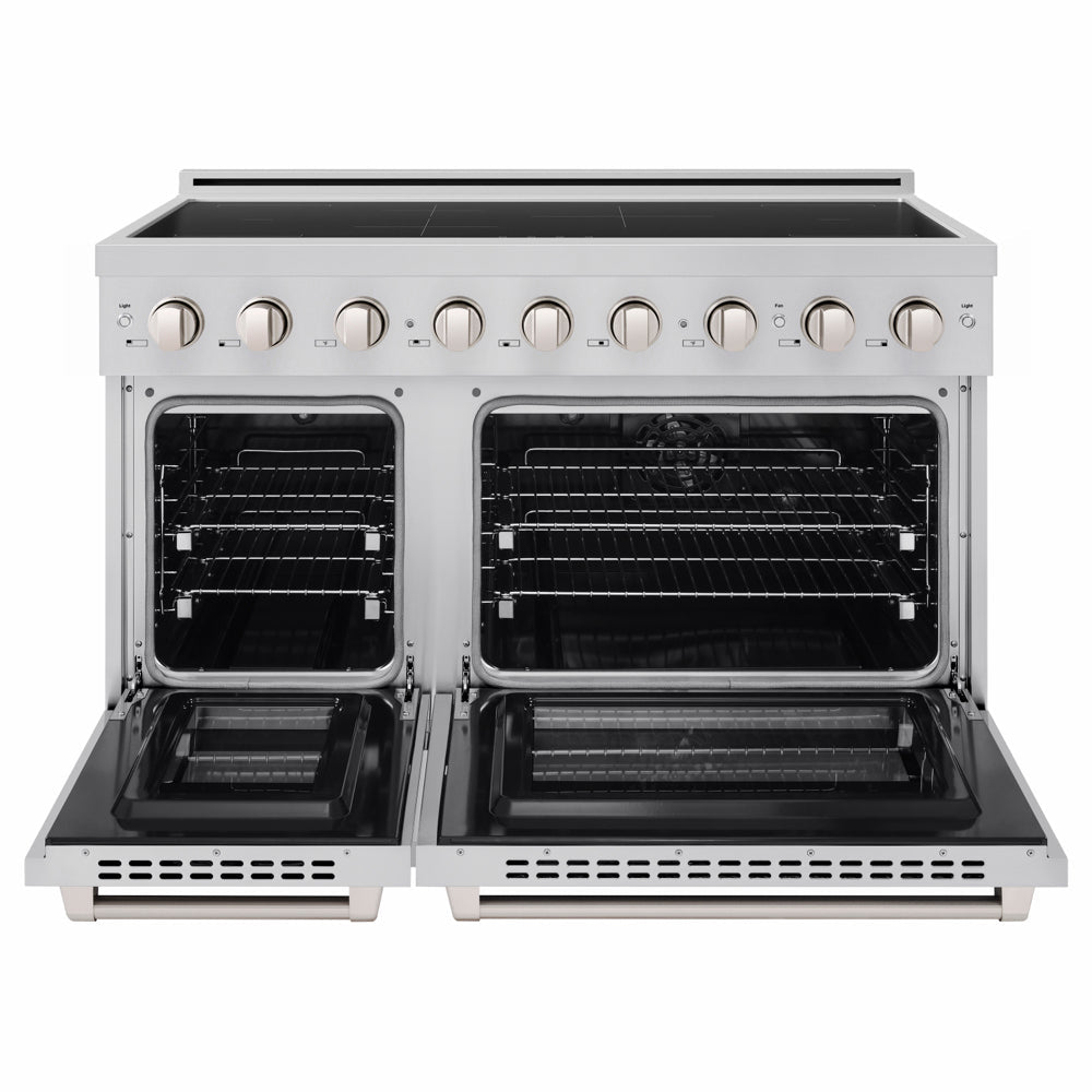ZLINE 48 in. 6.7 cu. ft. Paramount Induction Range with 7 Element Cooktop and Dual Ovens in Stainless Steel (SINR48) front, dual electric oven open.