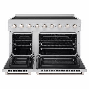 ZLINE 48 in. 6.7 cu. ft. Paramount Induction Range with 7 Element Cooktop and Dual Ovens in Stainless Steel (SINR48) front, dual electric oven open.