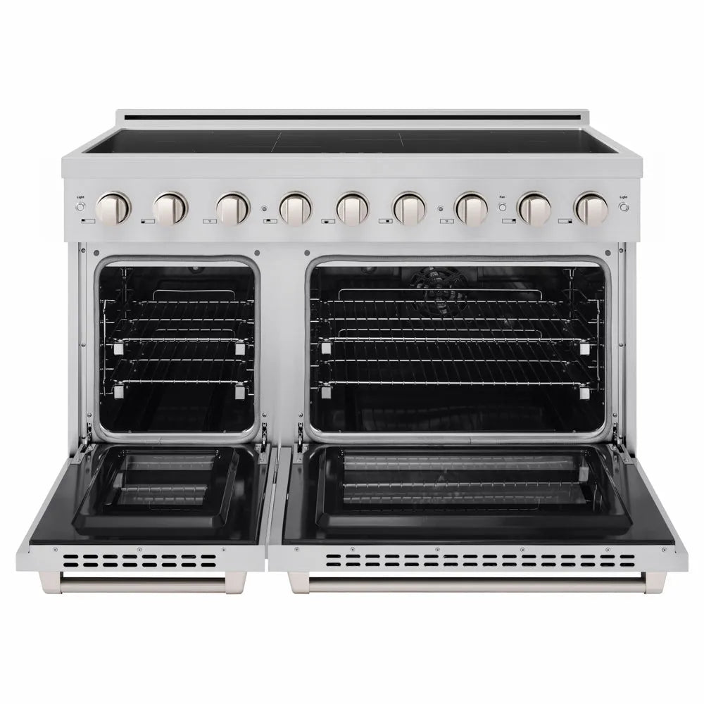ZLINE 48 in. 6.7 cu. ft. Paramount Induction Range with 7 Element Cooktop and Dual Ovens in Stainless Steel (SINR48) front, dual electric oven open.