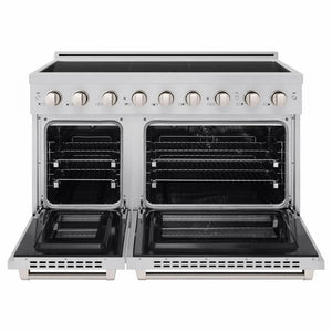 ZLINE 48 in. 6.7 cu. ft. Paramount Induction Range with 7 Element Cooktop and Dual Ovens in Stainless Steel (SINR48) front, dual electric oven open.