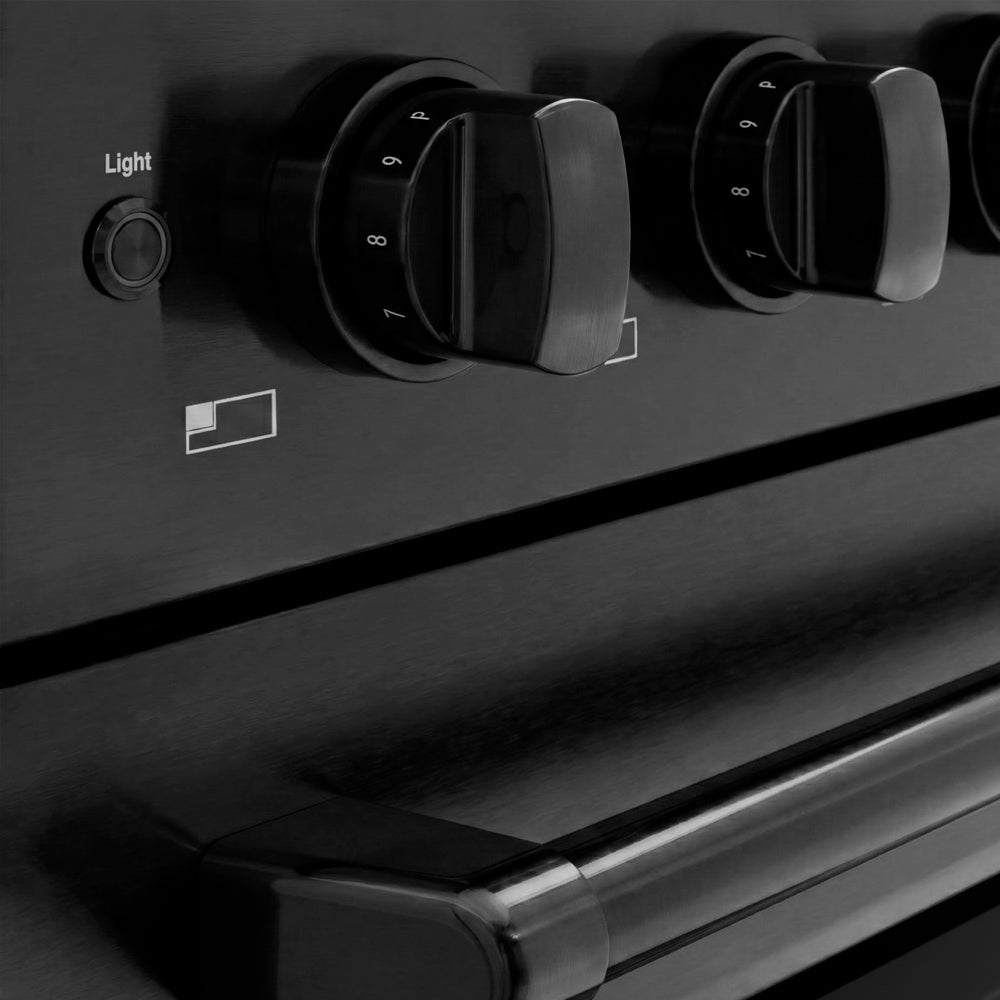 ZLINE 48 in. 6.7 cu. ft. Paramount Induction Range with 7 Element Cooktop and Dual Ovens in Black Stainless Steel (SINRB-48) close-up, control knobs.