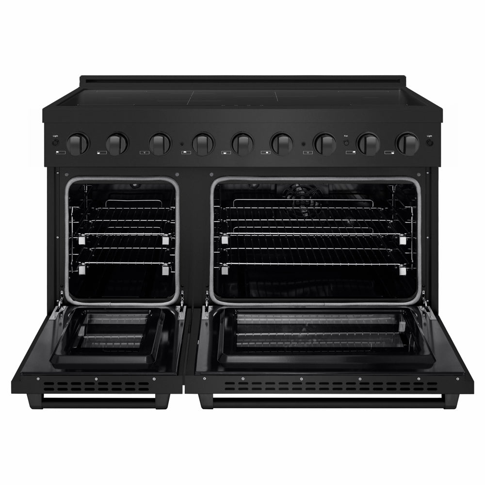 ZLINE 48 in. 6.7 cu. ft. Paramount Induction Range with 7 Element Cooktop and Dual Ovens in Black Stainless Steel (SINRB-48) front, dual electric oven open.
