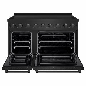 ZLINE 48 in. 6.7 cu. ft. Paramount Induction Range with 7 Element Cooktop and Dual Ovens in Black Stainless Steel (SINRB-48) front, dual electric oven open.