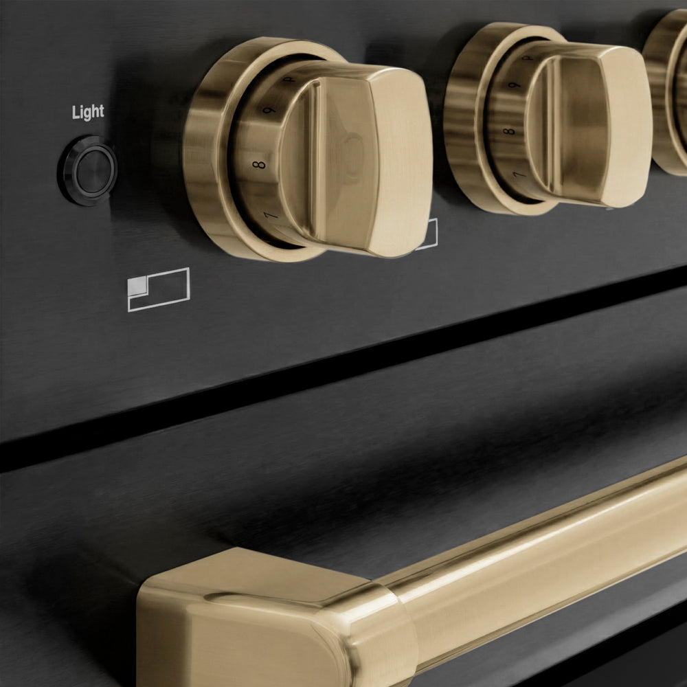 ZLINE Autograph Edition 48 in. 6.7 cu. ft. Paramount Induction Range with 7 Element Cooktop and Dual Ovens in Black Stainless Steel with Champagne Bronze Accents (SINRBZ-48-CB) close-up, control knobs.