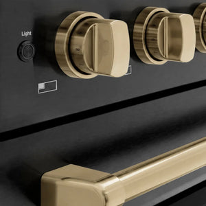 ZLINE Autograph Edition 48 in. 6.7 cu. ft. Paramount Induction Range with 7 Element Cooktop and Dual Ovens in Black Stainless Steel with Champagne Bronze Accents (SINRBZ-48-CB) close-up, control knobs.