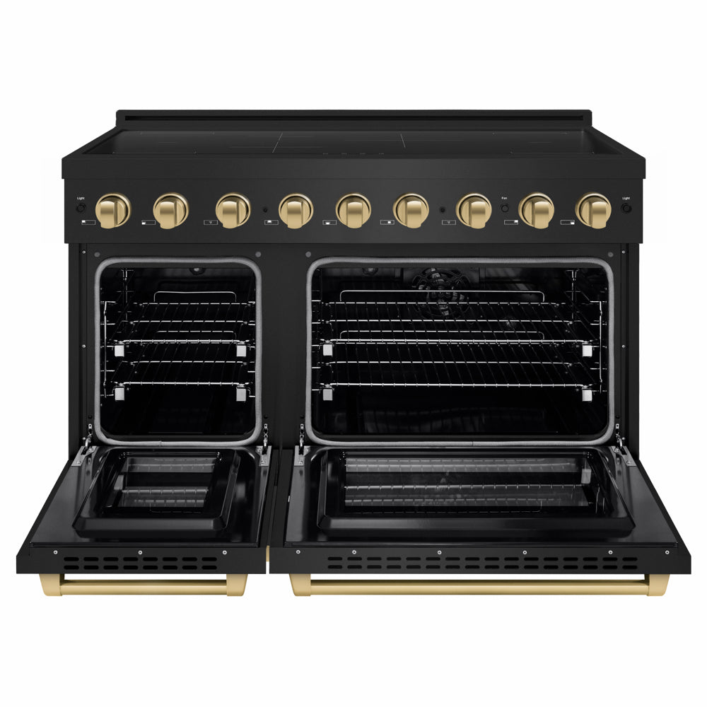 ZLINE Autograph Edition 48 in. 6.7 cu. ft. Paramount Induction Range with 7 Element Cooktop and Dual Ovens in Black Stainless Steel with Champagne Bronze Accents (SINRBZ-48-CB) front, dual electric oven open.