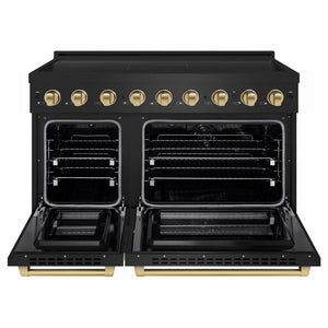 ZLINE Autograph Edition 48 in. 6.7 cu. ft. Paramount Induction Range with 7 Element Cooktop and Dual Ovens in Black Stainless Steel with Champagne Bronze Accents (SINRBZ-48-CB) front, dual electric oven open.