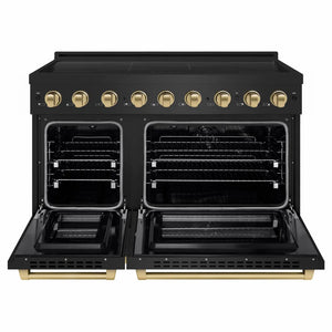 ZLINE Autograph Edition 48 in. 6.7 cu. ft. Paramount Induction Range with 7 Element Cooktop and Dual Ovens in Black Stainless Steel with Champagne Bronze Accents (SINRBZ-48-CB) front, dual electric oven open.