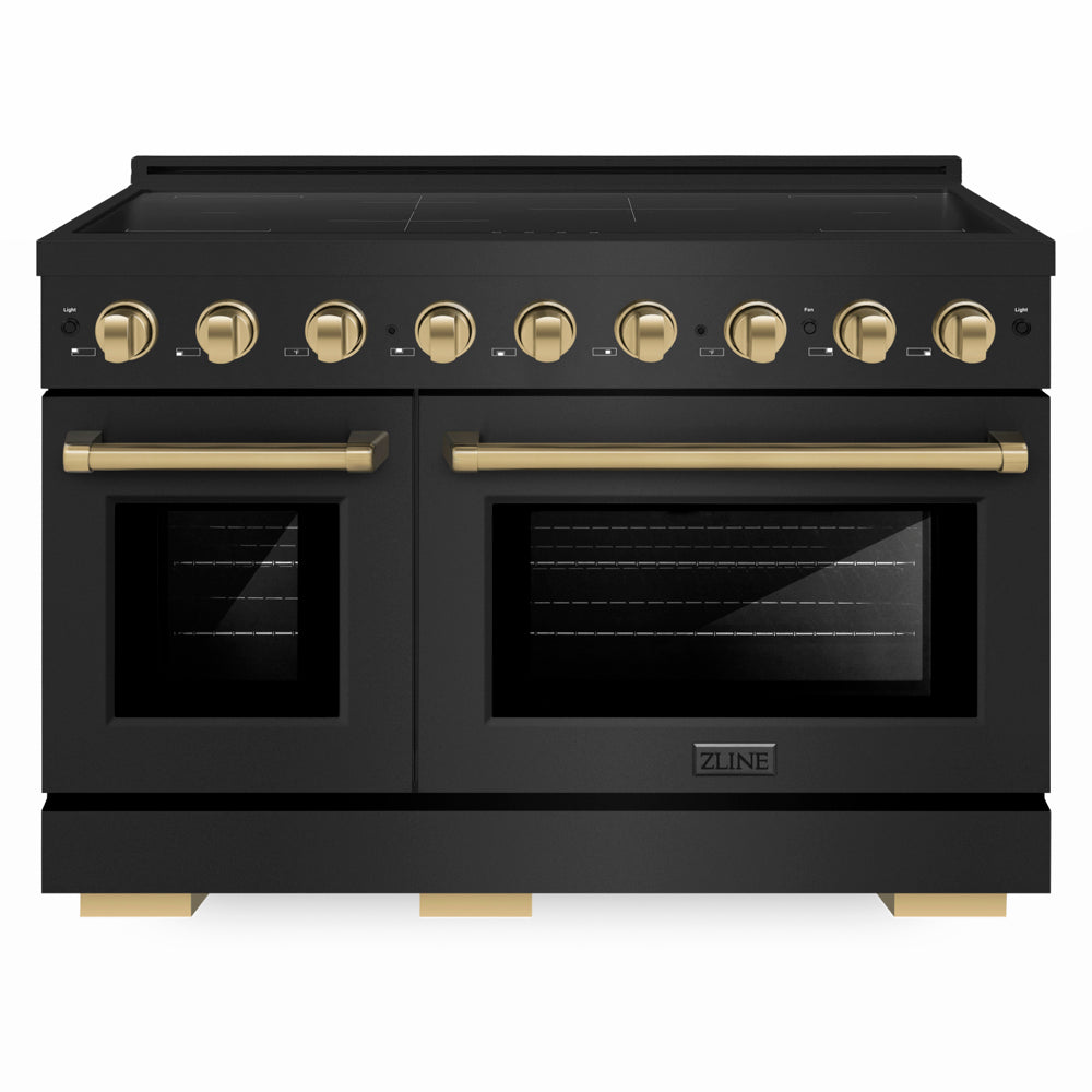 ZLINE Autograph Edition 48 in. 6.7 cu. ft. Paramount Induction Range with 7 Element Cooktop and Dual Ovens in Black Stainless Steel with Champagne Bronze Accents (SINRBZ-48-CB) front.