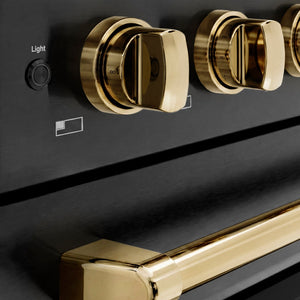 ZLINE Autograph Edition 48 in. 6.7 cu. ft. Paramount Induction Range with 7 Element Cooktop and Dual Ovens in Black Stainless Steel with Polished Gold Accents (SINRBZ-48-G) close-up, control knobs.