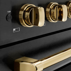 ZLINE Autograph Edition 48 in. 6.7 cu. ft. Paramount Induction Range with 7 Element Cooktop and Dual Ovens in Black Stainless Steel with Polished Gold Accents (SINRBZ-48-G) close-up, control knobs.