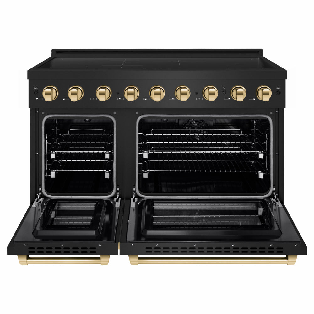 ZLINE Autograph Edition 48 in. 6.7 cu. ft. Paramount Induction Range with 7 Element Cooktop and Dual Ovens in Black Stainless Steel with Polished Gold Accents (SINRBZ-48-G) front, dual electric oven open.