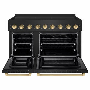 ZLINE Autograph Edition 48 in. 6.7 cu. ft. Paramount Induction Range with 7 Element Cooktop and Dual Ovens in Black Stainless Steel with Polished Gold Accents (SINRBZ-48-G) front, dual electric oven open.