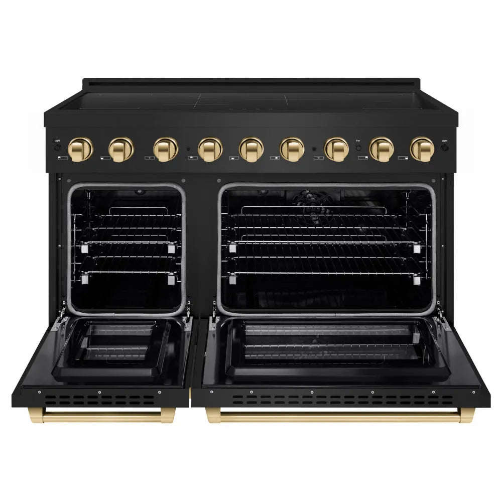 ZLINE Autograph Edition 48 in. 6.7 cu. ft. Paramount Induction Range with 7 Element Cooktop and Dual Ovens in Black Stainless Steel with Polished Gold Accents (SINRBZ-48-G) front, dual electric oven open.