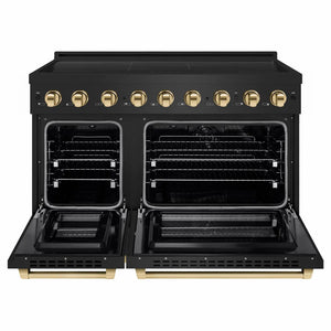 ZLINE Autograph Edition 48 in. 6.7 cu. ft. Paramount Induction Range with 7 Element Cooktop and Dual Ovens in Black Stainless Steel with Polished Gold Accents (SINRBZ-48-G) front, dual electric oven open.