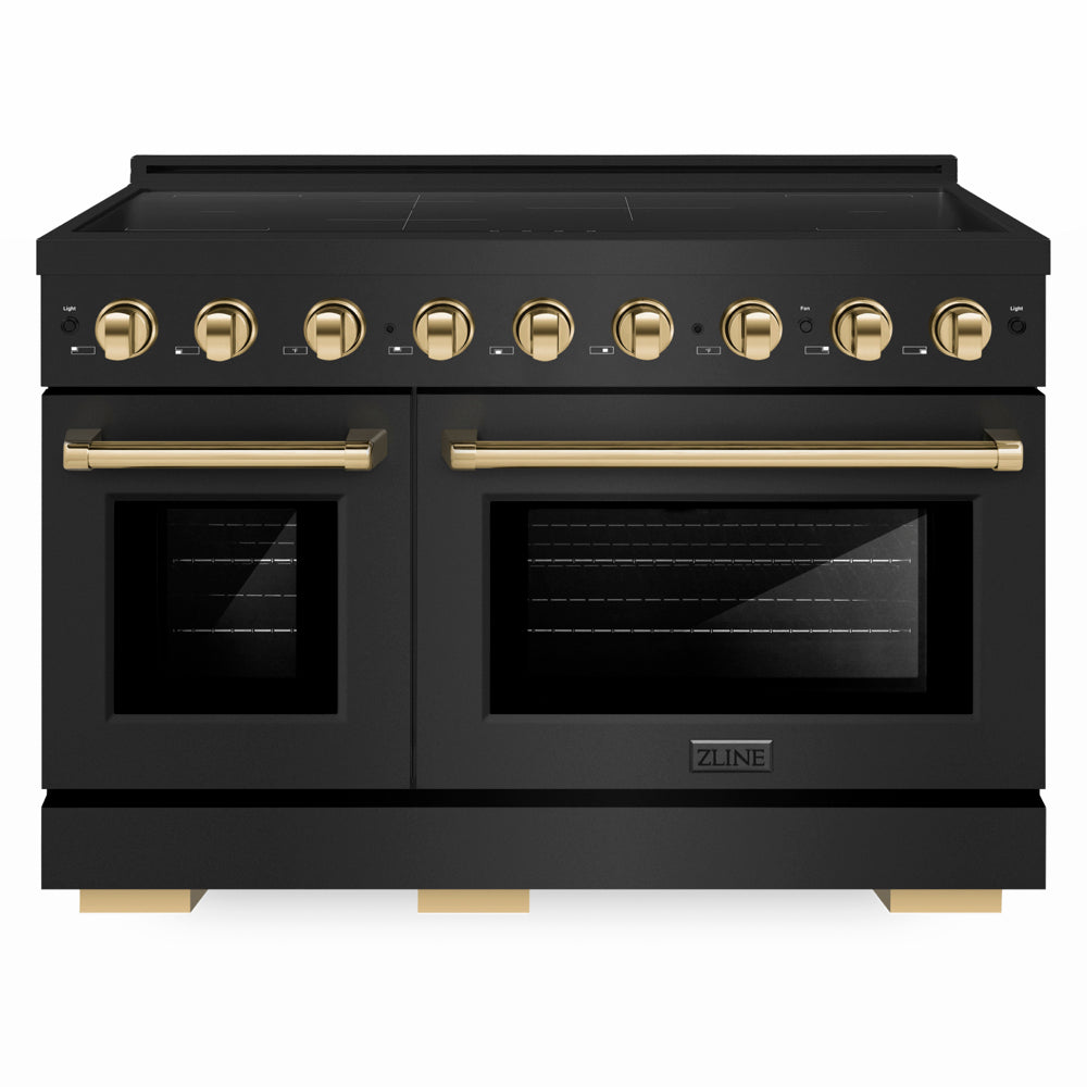ZLINE Autograph Edition 48 in. 6.7 cu. ft. Paramount Induction Range with 7 Element Cooktop and Dual Ovens in Black Stainless Steel with Polished Gold Accents (SINRBZ-48-G) front.