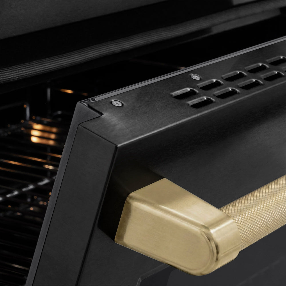 ZLINE Autograph Edition 48 in. 6.7 cu. ft. Paramount Induction Range with 7 Element Cooktop and Dual Ovens in Black Stainless Steel with Champagne Bronze Helix Handles and Knob Accents (SINRBZ-48-KCB) close-up, oven door handle.