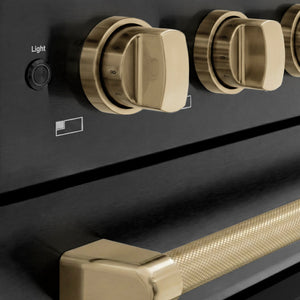 ZLINE Autograph Edition 48 in. 6.7 cu. ft. Paramount Induction Range with 7 Element Cooktop and Dual Ovens in Black Stainless Steel with Champagne Bronze Helix Handles and Knob Accents (SINRBZ-48-KCB) close-up, control knobs.