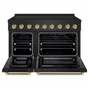 ZLINE Autograph Edition 48 in. 6.7 cu. ft. Paramount Induction Range with 7 Element Cooktop and Dual Ovens in Black Stainless Steel with Champagne Bronze Helix Handles and Knob Accents (SINRBZ-48-KCB) front, dual electric oven open.