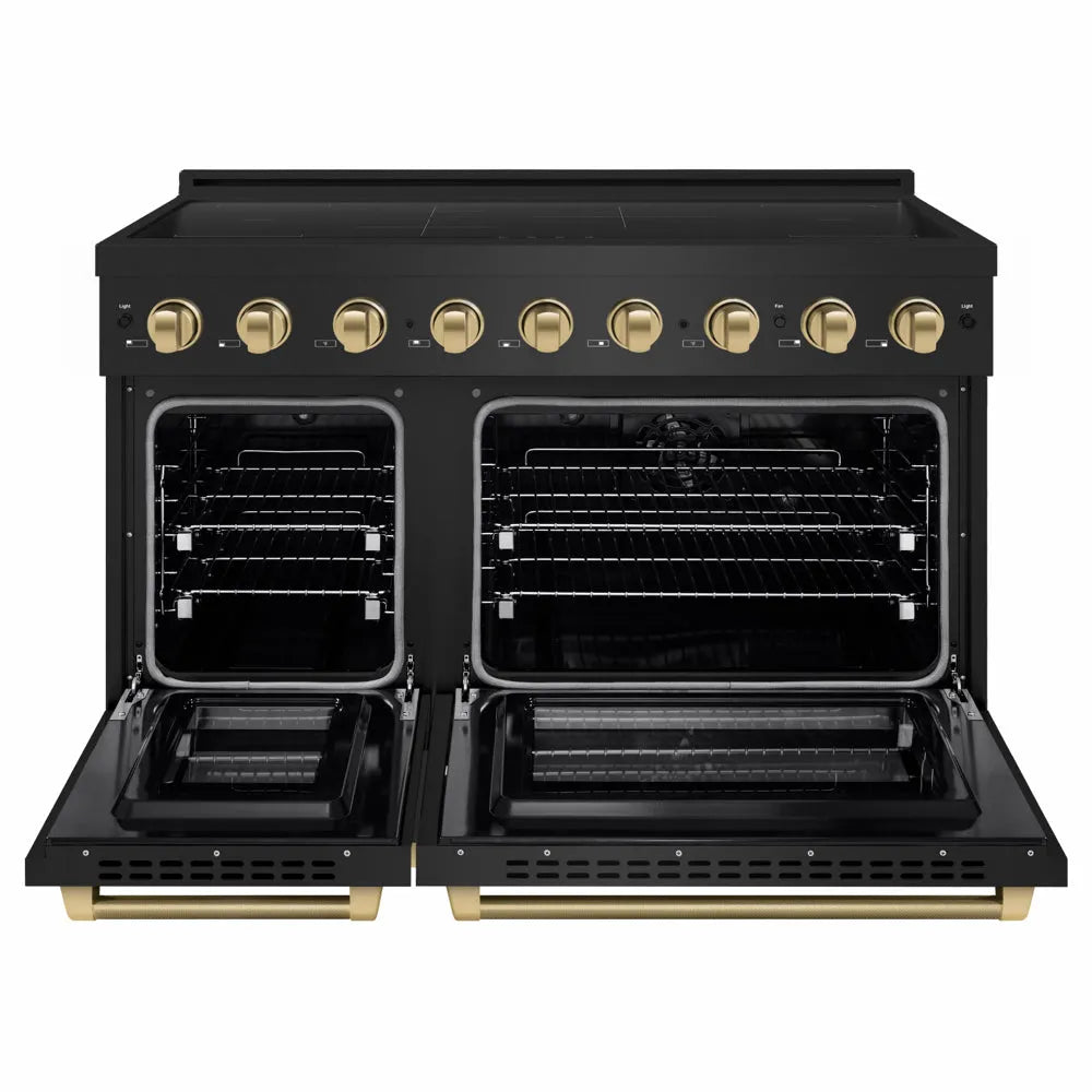 ZLINE Autograph Edition 48 in. 6.7 cu. ft. Paramount Induction Range with 7 Element Cooktop and Dual Ovens in Black Stainless Steel with Champagne Bronze Helix Handles and Knob Accents (SINRBZ-48-KCB) front, dual electric oven open.