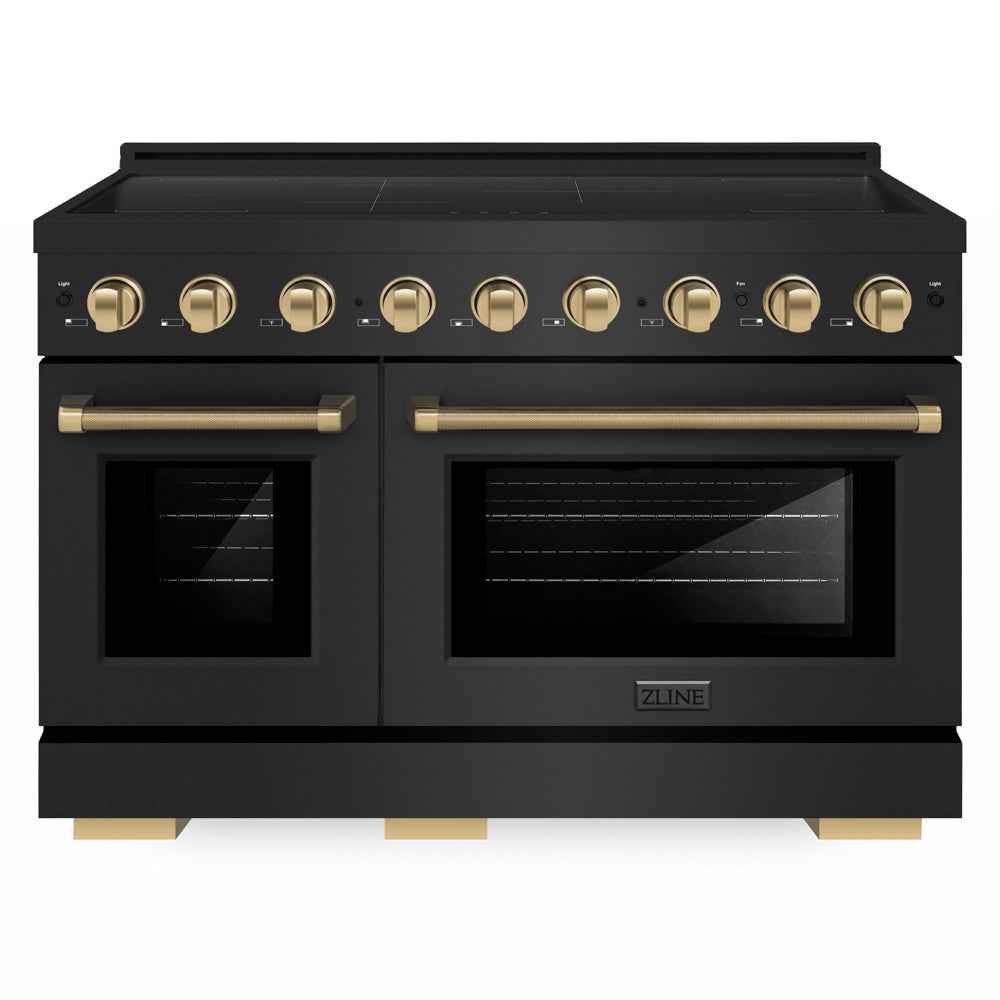ZLINE Autograph Edition 48 in. 6.7 cu. ft. Paramount Induction Range with 7 Element Cooktop and Dual Ovens in Black Stainless Steel with Champagne Bronze Helix Handles and Knob Accents (SINRBZ-48-KCB) front.
