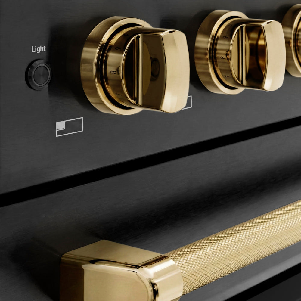 ZLINE Autograph Edition 48 in. 6.7 cu. ft. Paramount Induction Range with 7 Element Cooktop and Dual Ovens in Black Stainless Steel with Polished Gold Helix Handles and Knob Accents (SINRBZ-48-KG) close-up, control knobs.