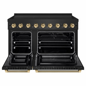 ZLINE Autograph Edition 48 in. 6.7 cu. ft. Paramount Induction Range with 7 Element Cooktop and Dual Ovens in Black Stainless Steel with Polished Gold Helix Handles and Knob Accents (SINRBZ-48-KG) front, dual electric oven open.