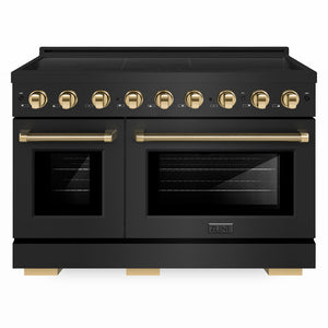 ZLINE Autograph Edition 48 in. 6.7 cu. ft. Paramount Induction Range with 7 Element Cooktop and Dual Ovens in Black Stainless Steel with Polished Gold Helix Handles and Knob Accents (SINRBZ-48-KG) front.