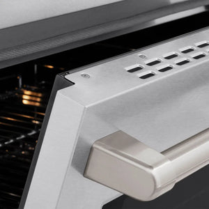 ZLINE 48 in. 6.7 cu. ft. Paramount Induction Range with 7 Element Cooktop and Dual Ovens in Satin Stainless Steel (SINRS-48) close-up, oven door handle.