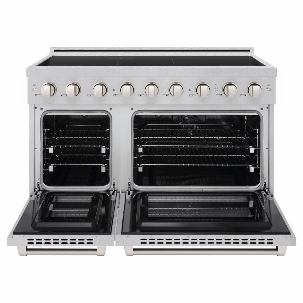 ZLINE 48 in. 6.7 cu. ft. Paramount Induction Range with 7 Element Cooktop and Dual Ovens in Satin Stainless Steel (SINRS-48) front, dual electric oven open.