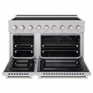 ZLINE 48 in. 6.7 cu. ft. Paramount Induction Range with 7 Element Cooktop and Dual Ovens in Satin Stainless Steel (SINRS-48) front, dual electric oven open.