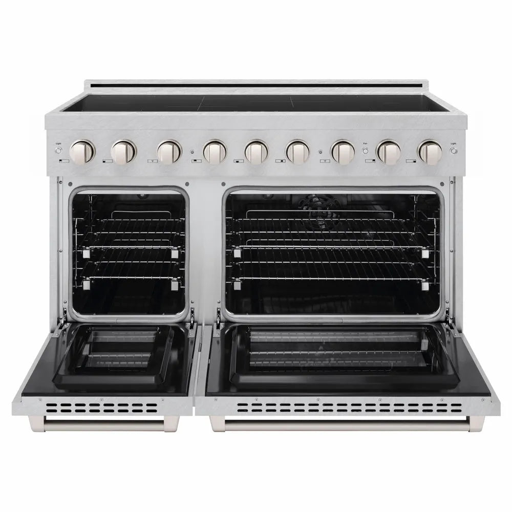 ZLINE 48 in. 6.7 cu. ft. Paramount Induction Range with 7 Element Cooktop and Dual Ovens in Satin Stainless Steel (SINRS-48) front, dual electric oven open.