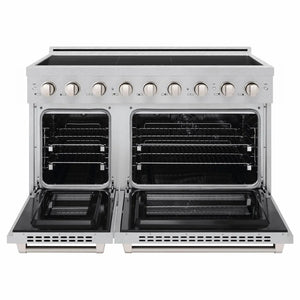ZLINE 48 in. 6.7 cu. ft. Paramount Induction Range with 7 Element Cooktop and Dual Ovens in Satin Stainless Steel (SINRS-48) front, dual electric oven open.