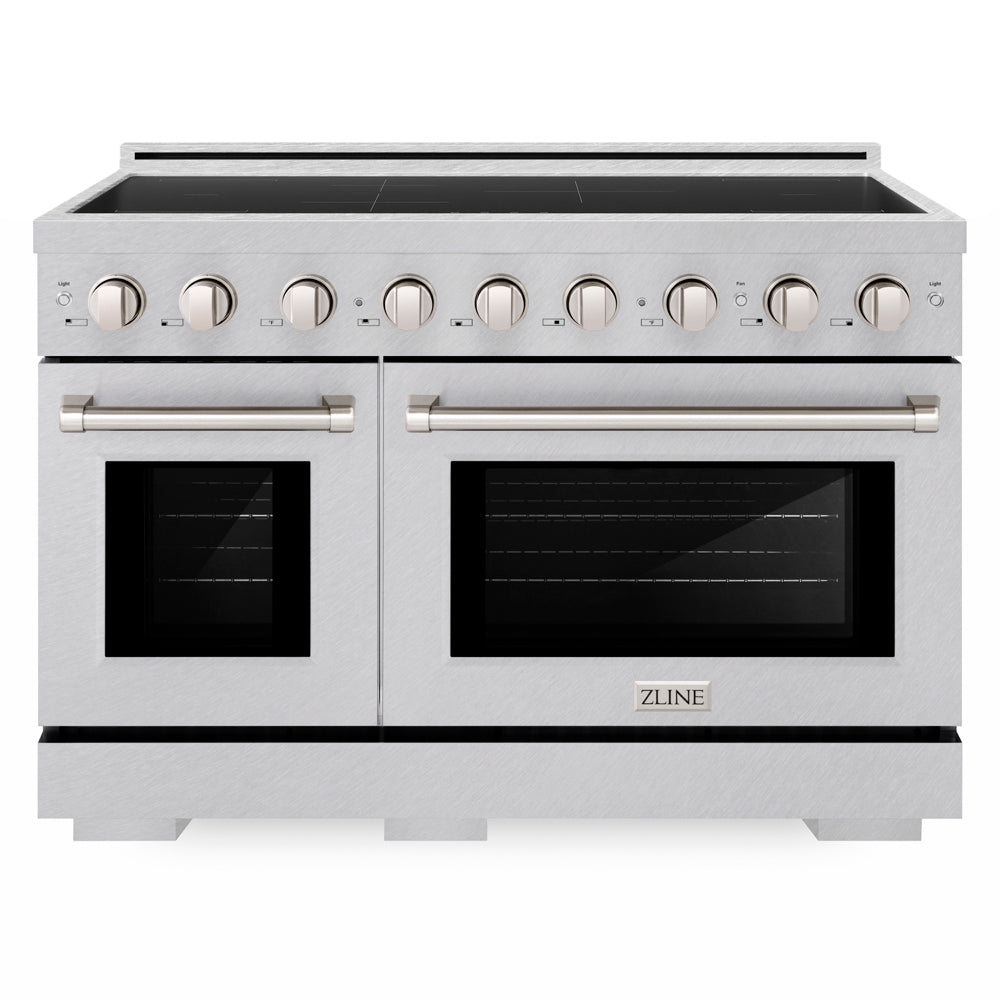 ZLINE 48 in. 6.7 cu. ft. Paramount Induction Range with 7 Element Cooktop and Dual Ovens in Satin Stainless Steel (SINRS-48) front.