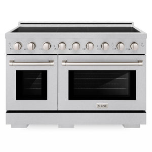 ZLINE 48 in. 6.7 cu. ft. Paramount Induction Range with 7 Element Cooktop and Dual Ovens in Satin Stainless Steel (SINRS-48) front.