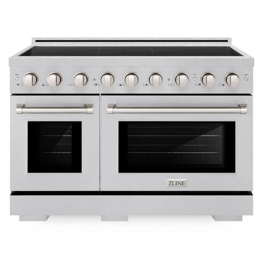 ZLINE 48 in. 6.7 cu. ft. Paramount Induction Range with 7 Element Cooktop and Dual Ovens in Satin Stainless Steel (SINRS-48) front.