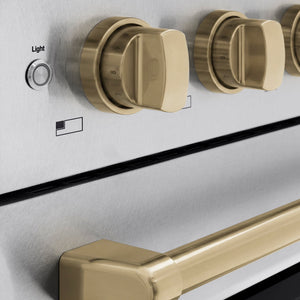 ZLINE Autograph Edition 48 in. 6.7 cu. ft. Paramount Induction Range with 7 Element Cooktop and Dual Ovens in Satin Stainless Steel with Champagne Bronze Accents (SINRSZ-48-CB) close-up, control knobs.
