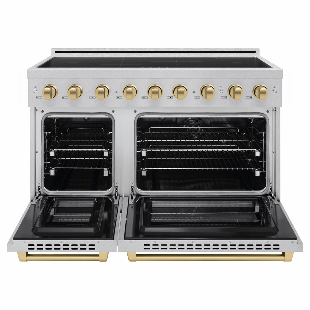 ZLINE Autograph Edition 48 in. 6.7 cu. ft. Paramount Induction Range with 7 Element Cooktop and Dual Ovens in Satin Stainless Steel with Champagne Bronze Accents (SINRSZ-48-CB) front, dual electric oven open.