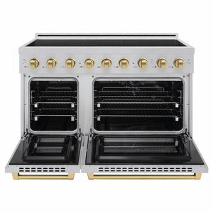 ZLINE Autograph Edition 48 in. 6.7 cu. ft. Paramount Induction Range with 7 Element Cooktop and Dual Ovens in Satin Stainless Steel with Champagne Bronze Accents (SINRSZ-48-CB) front, dual electric oven open.