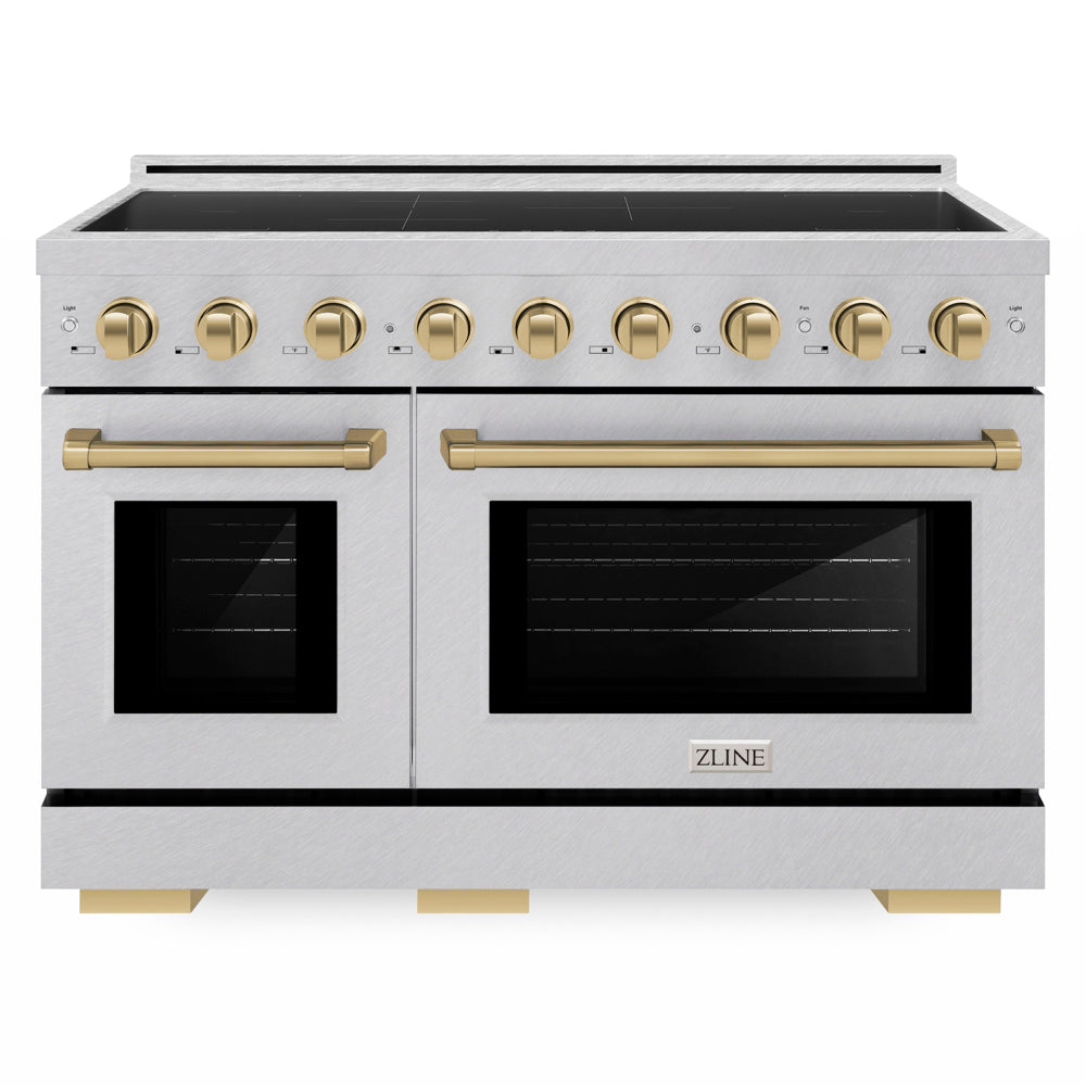 ZLINE Autograph Edition 48 in. 6.7 cu. ft. Paramount Induction Range with 7 Element Cooktop and Dual Ovens in Satin Stainless Steel with Champagne Bronze Accents (SINRSZ-48-CB) front.