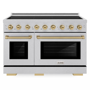ZLINE Autograph Edition 48 in. 6.7 cu. ft. Paramount Induction Range with 7 Element Cooktop and Dual Ovens in Satin Stainless Steel with Champagne Bronze Accents (SINRSZ-48-CB) front.