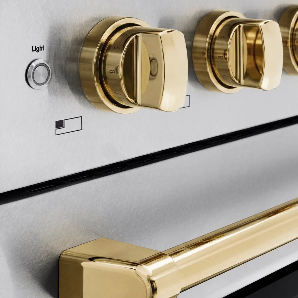 ZLINE Autograph Edition 48 in. 6.7 cu. ft. Paramount Induction Range with 7 Element Cooktop and Dual Ovens in Satin Stainless Steel with Polished Gold Accents (SINRSZ-48-G) close-up, control knobs.
