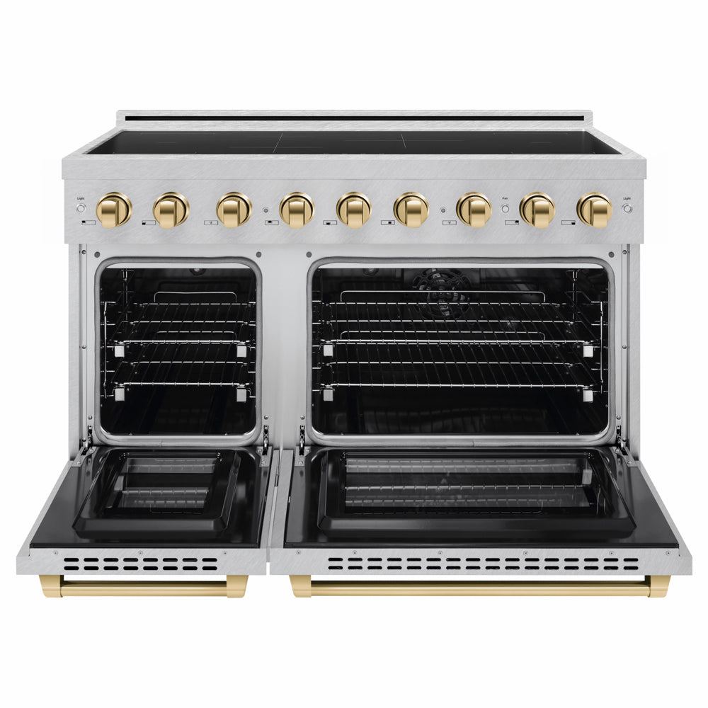 ZLINE Autograph Edition 48 in. 6.7 cu. ft. Paramount Induction Range with 7 Element Cooktop and Dual Ovens in Satin Stainless Steel with Polished Gold Accents (SINRSZ-48-G) front, dual electric oven open.