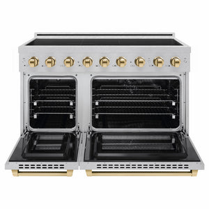 ZLINE Autograph Edition 48 in. 6.7 cu. ft. Paramount Induction Range with 7 Element Cooktop and Dual Ovens in Satin Stainless Steel with Polished Gold Accents (SINRSZ-48-G) front, dual electric oven open.