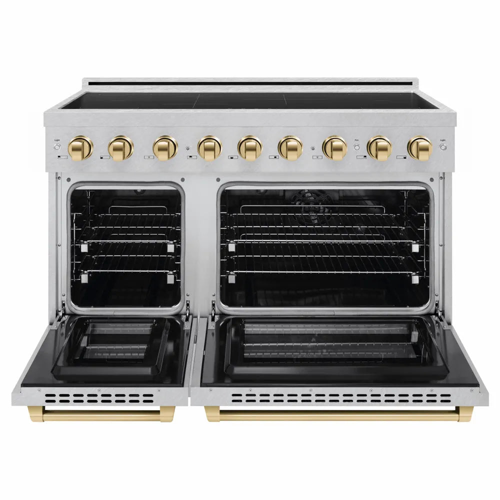 ZLINE Autograph Edition 48 in. 6.7 cu. ft. Paramount Induction Range with 7 Element Cooktop and Dual Ovens in Satin Stainless Steel with Polished Gold Accents (SINRSZ-48-G) front, dual electric oven open.