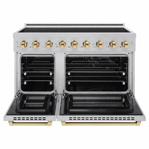 ZLINE Autograph Edition 48 in. 6.7 cu. ft. Paramount Induction Range with 7 Element Cooktop and Dual Ovens in Satin Stainless Steel with Polished Gold Accents (SINRSZ-48-G) front, dual electric oven open.