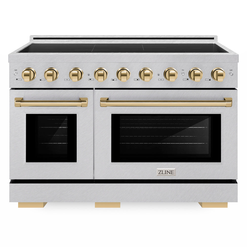 ZLINE Autograph Edition 48 in. 6.7 cu. ft. Paramount Induction Range with 7 Element Cooktop and Dual Ovens in Satin Stainless Steel with Polished Gold Accents (SINRSZ-48-G) front.