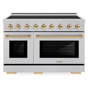 ZLINE Autograph Edition 48 in. 6.7 cu. ft. Paramount Induction Range with 7 Element Cooktop and Dual Ovens in Satin Stainless Steel with Polished Gold Accents (SINRSZ-48-G) front.