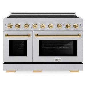 ZLINE Autograph Edition 48 in. 6.7 cu. ft. Paramount Induction Range with 7 Element Cooktop and Dual Ovens in Satin Stainless Steel with Polished Gold Accents (SINRSZ-48-G) front.